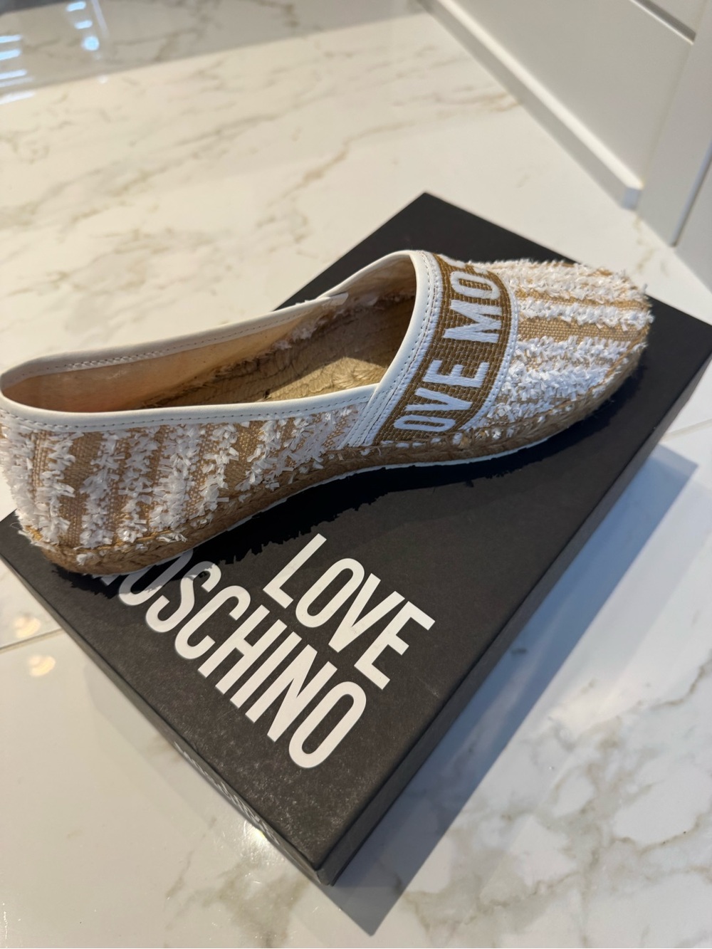 Love Moschino Beige and White Espadrille Slip-On with Logo Band